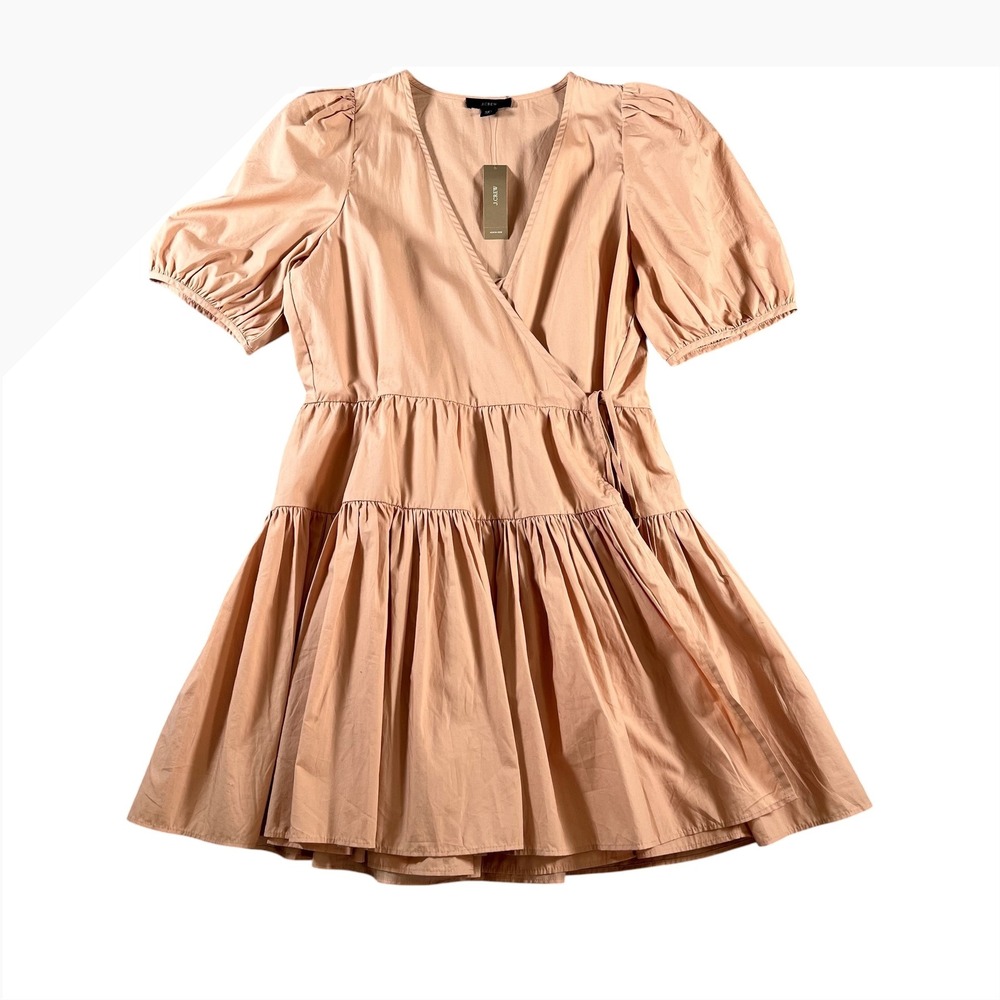 J.Crew Puff Sleeve Cotton Poplin Tiered Mini Wrap/A-Line Dress Tan Size XSP NWT